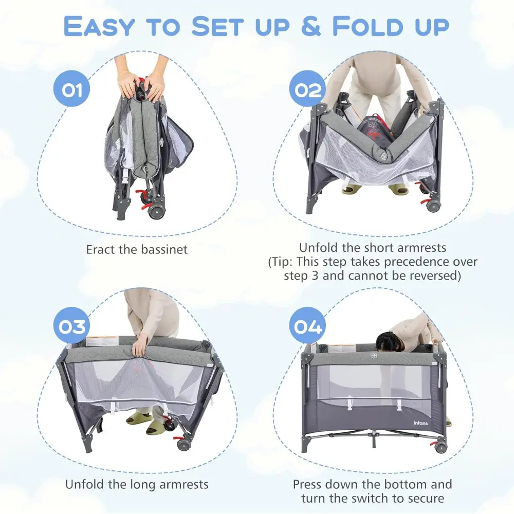 Pack and Play, 5 in 1 Baby Bedside Sleeper with Bassinet, Diaper Changer, Mattress, Carry Bag, Music Box Hanging Toys, Foldable