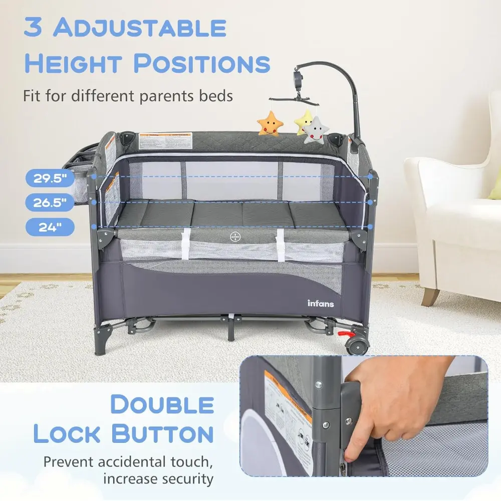 Pack and Play, 5 in 1 Baby Bedside Sleeper with Bassinet, Diaper Changer, Mattress, Carry Bag, Music Box Hanging Toys, Foldable
