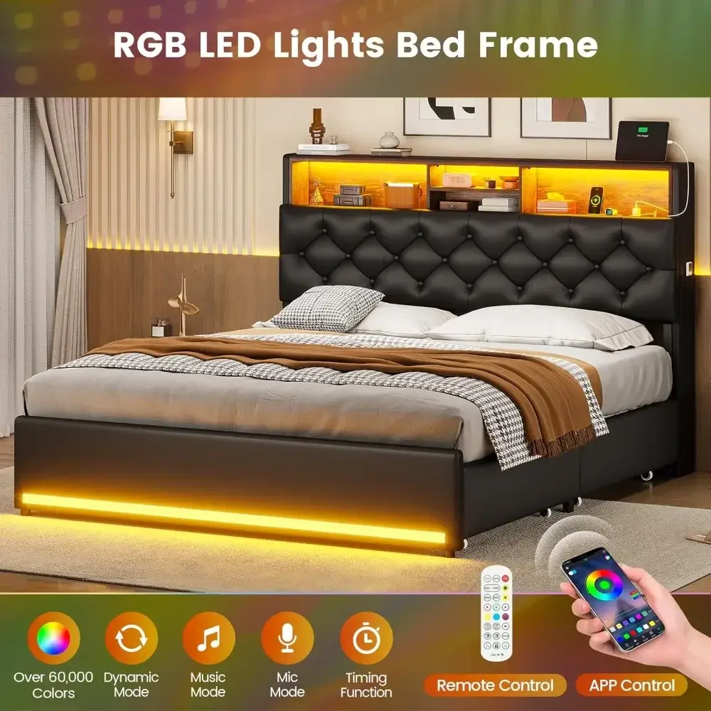 Queen Bed Frame with 4 Drawers & Hidden Storage Headboard, LED Bed Frame Queen Size with Charging Station, Upholstered Bed with