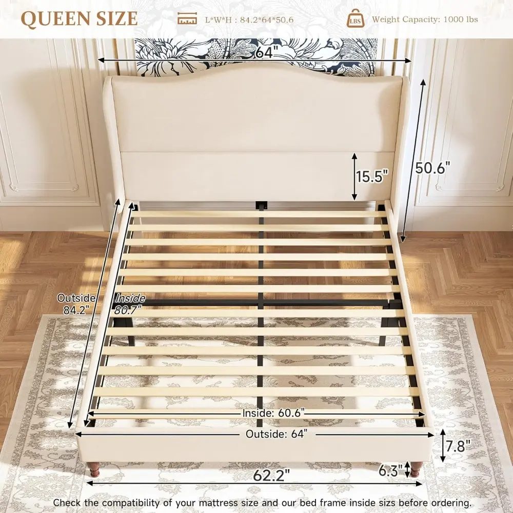 Queen Size Bed Frame Upholstered Platform Bed with 51" Tall Headboard Wingback, Soft Fabric, Retro Simple Style Platform Bed No