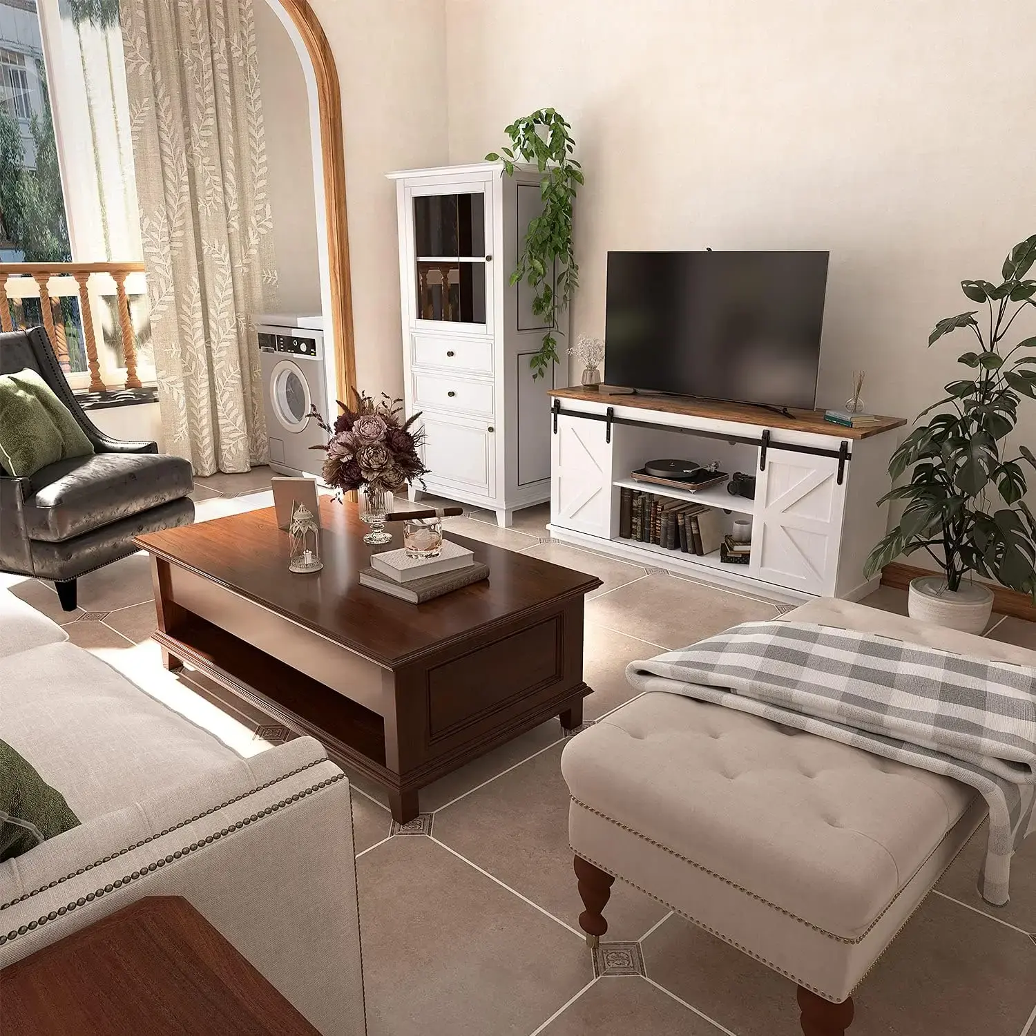 TV Stand for 65 Inch TV, Entertainment Center with Storage Cabinets and Sliding Barn Doors