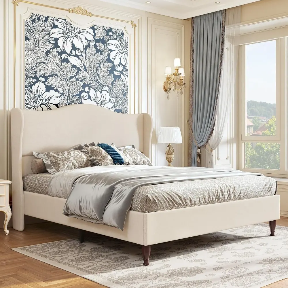 Queen Size Bed Frame Upholstered Platform Bed with 51" Tall Headboard Wingback, Soft Fabric, Retro Simple Style Platform Bed No