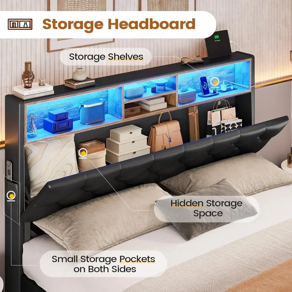 Queen Bed Frame with 4 Drawers & Hidden Storage Headboard, LED Bed Frame Queen Size with Charging Station, Upholstered Bed with