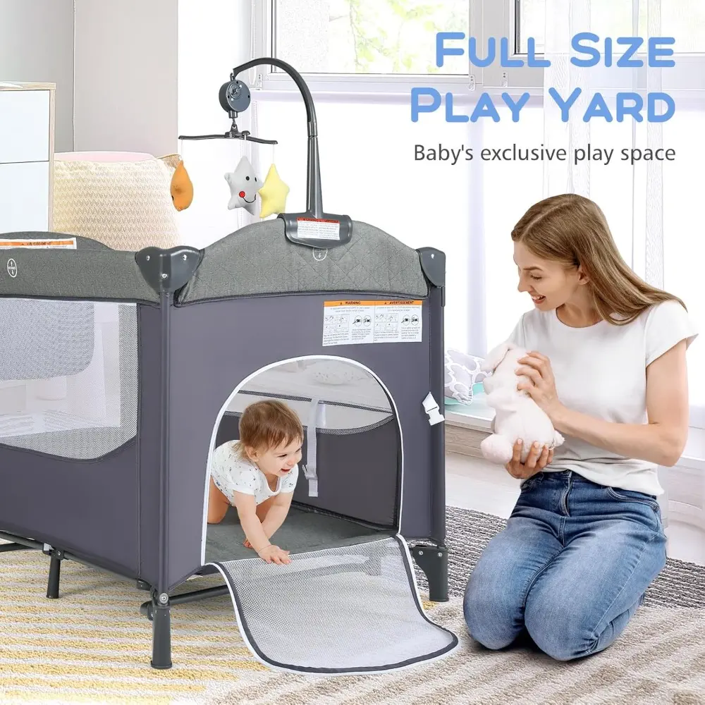 Pack and Play, 5 in 1 Baby Bedside Sleeper with Bassinet, Diaper Changer, Mattress, Carry Bag, Music Box Hanging Toys, Foldable