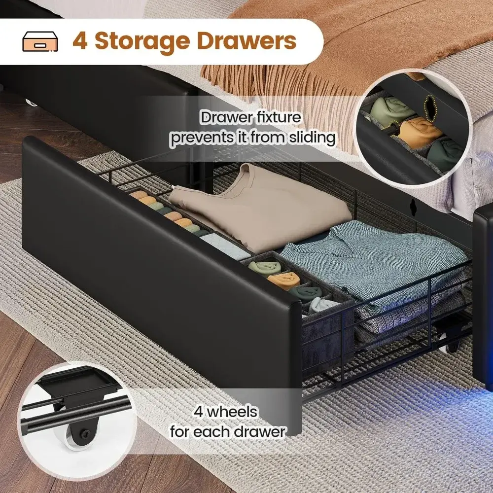 Queen Bed Frame with 4 Drawers & Hidden Storage Headboard, LED Bed Frame Queen Size with Charging Station, Upholstered Bed with