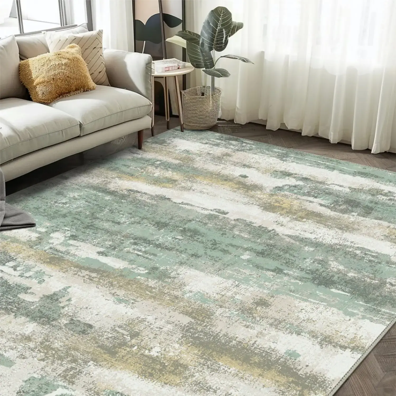 Area Rugs 5x7 for Living Room Bedroom, Modern Abstract Machine Washable Large Light Green Rug Soft Rug, Low Pile Floor Carpet