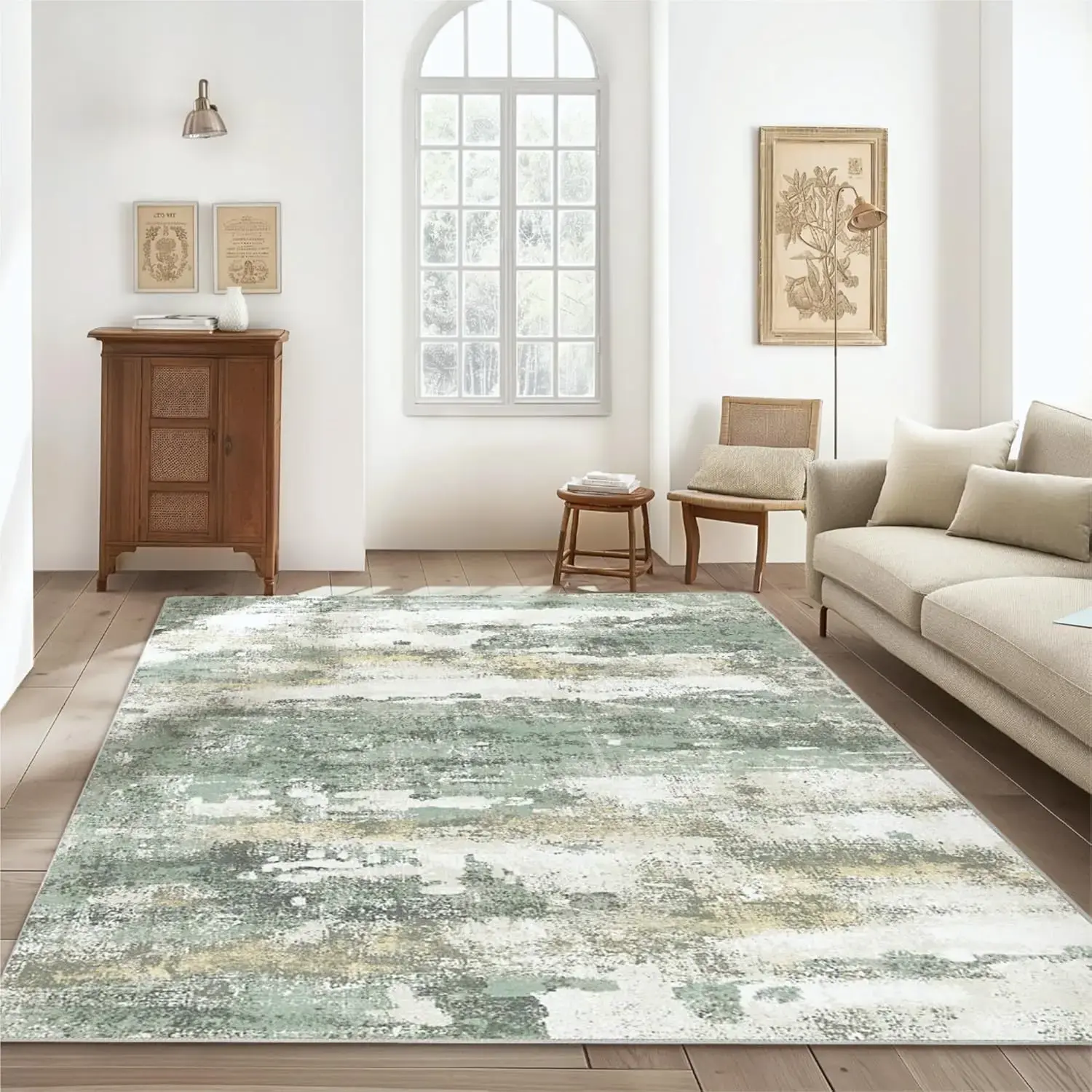 Area Rugs 5x7 for Living Room Bedroom, Modern Abstract Machine Washable Large Light Green Rug Soft Rug, Low Pile Floor Carpet