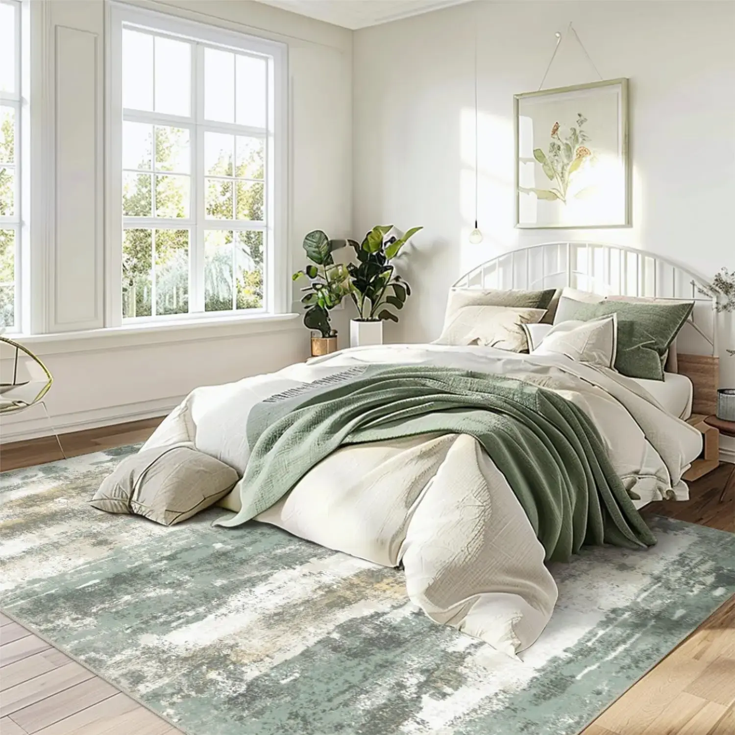 Area Rugs 5x7 for Living Room Bedroom, Modern Abstract Machine Washable Large Light Green Rug Soft Rug, Low Pile Floor Carpet