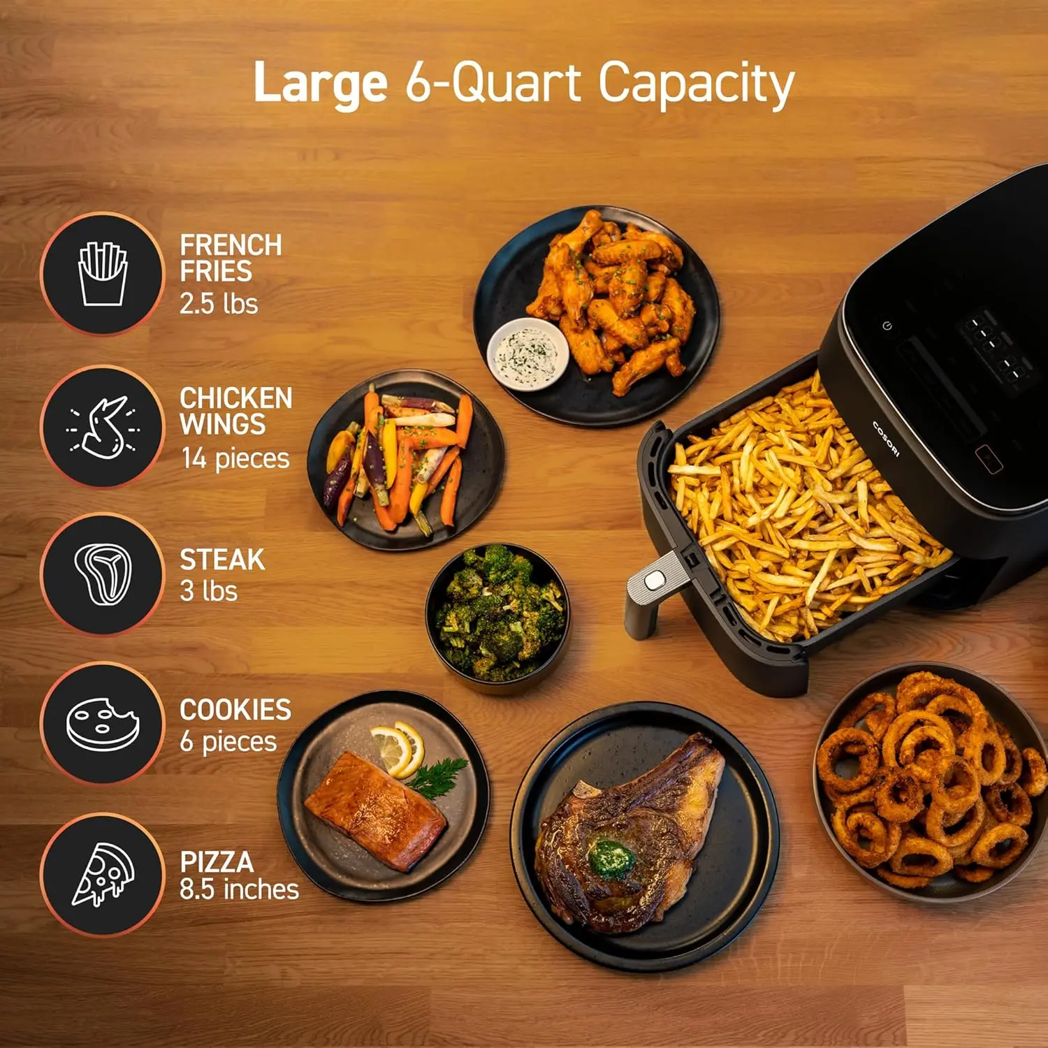 Air Fryer 9-in-1, Compact & Large 6-Qt, Fast Turbo Modes, 90–450°F Precise Heat for Even Results, Up to 95% Less Oil*, Roast,