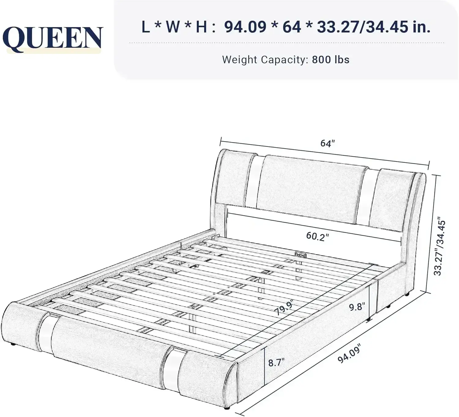 Queen Bed Frame with Iron Piece Decor,Faux Leather Upholstered Platform Bed Adjustable Headboard & Strong Wooden Slats,Black