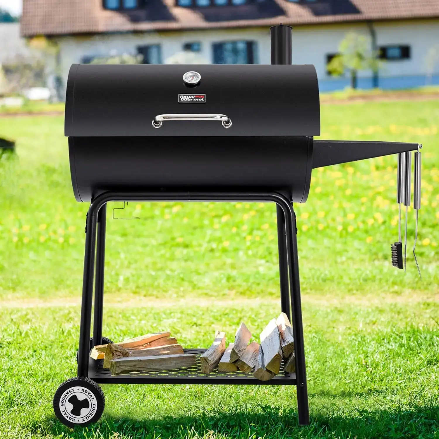 CC1830 30 Inch Barrel Charcoal Grill with Side Table, Outdoor BBQ Grill with 627 Sq. In. Cooking Space for Backyard,  Black