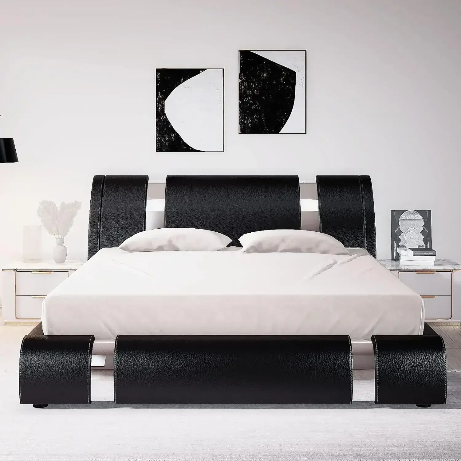 Queen Bed Frame with Iron Piece Decor,Faux Leather Upholstered Platform Bed Adjustable Headboard & Strong Wooden Slats,Black
