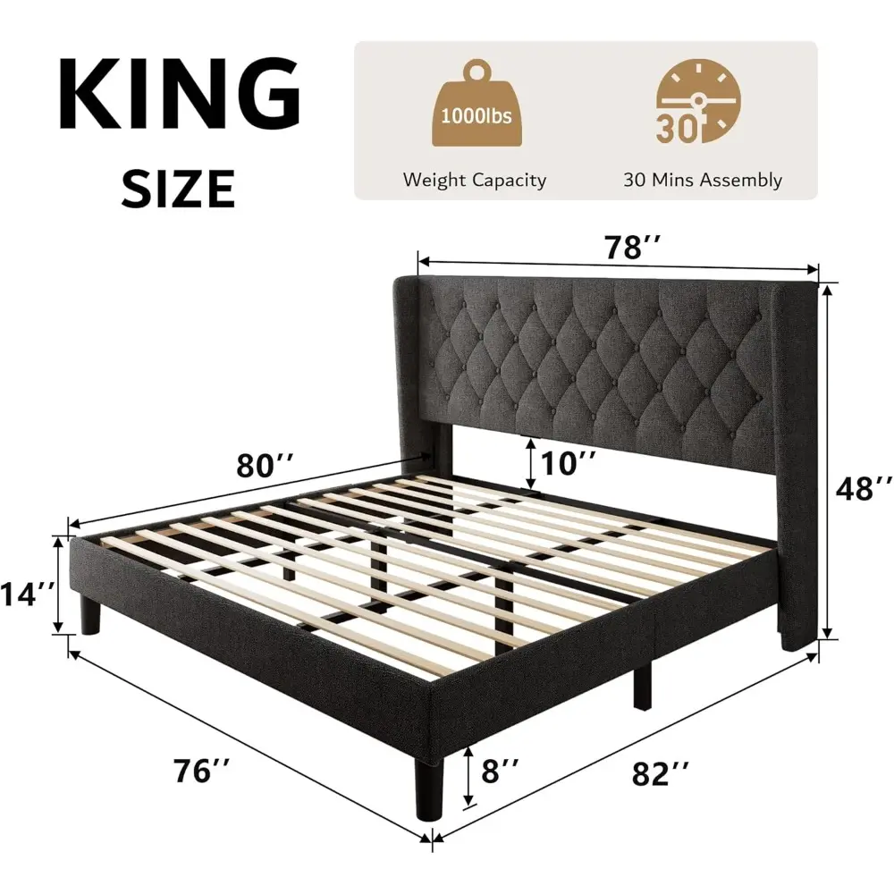 iPormis King Size Platform Bed Frame with Button Tufted Headboard, Upholstered Bed Frame with Solid Wooden Slats, 8" Underbed Sp