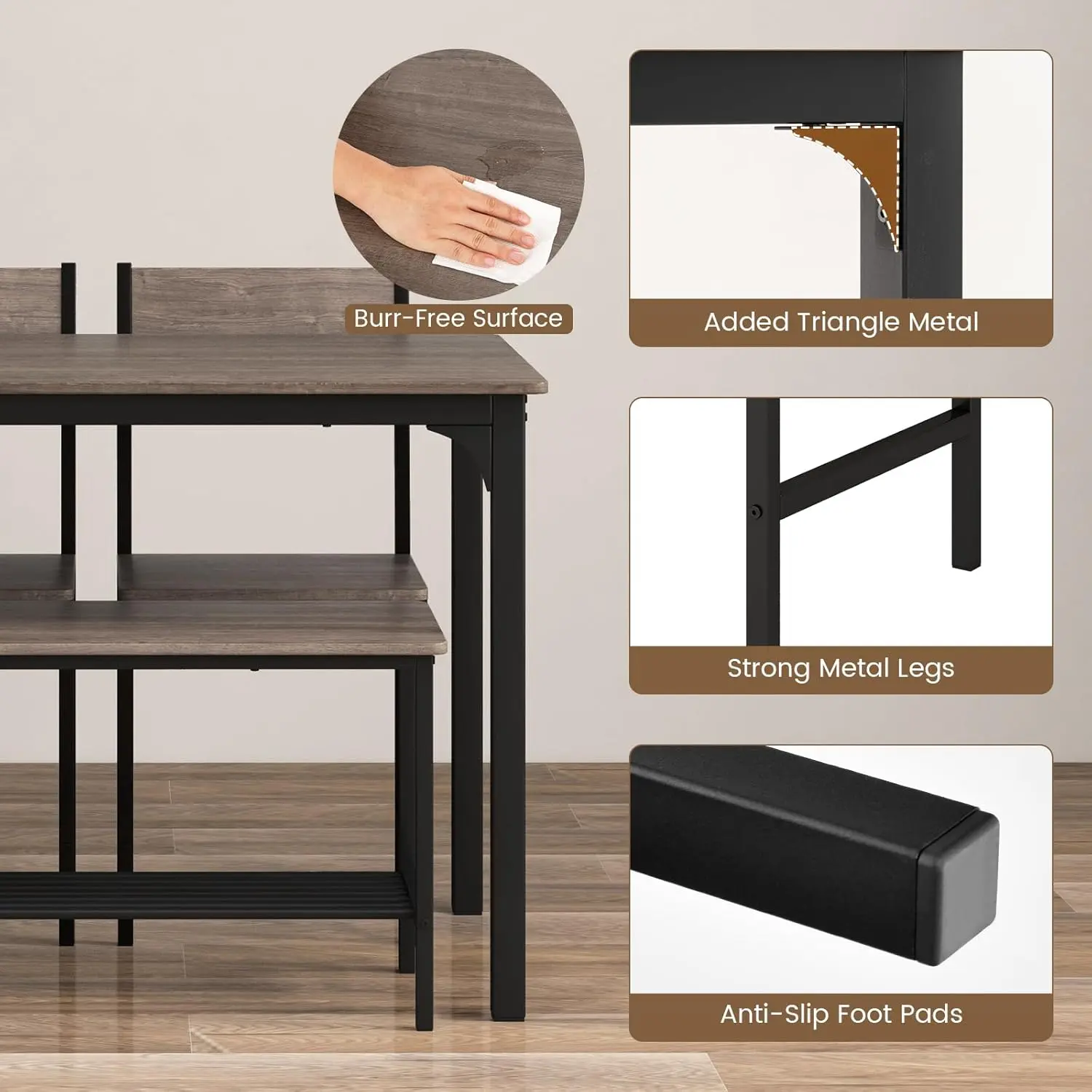 Dining Table Set for 4, Kitchen Table and 2 Chairs for 4 with Bench, 4 Piece Dining Table Set for Small Space, Apartment