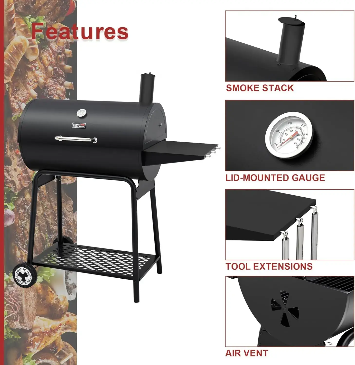 CC1830 30 Inch Barrel Charcoal Grill with Side Table, Outdoor BBQ Grill with 627 Sq. In. Cooking Space for Backyard,  Black