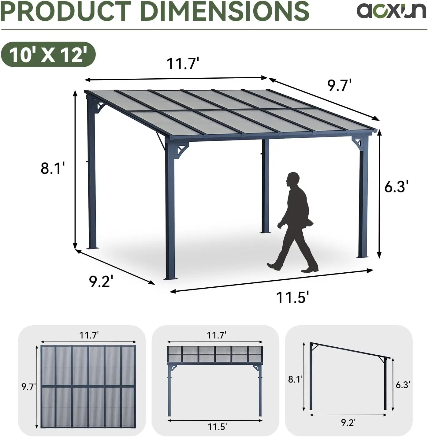 10' x 12' Gazebo for Patio, Gazebo Pergola with Sloped Roof, Large Wall-Mounted Heavy Duty Awnings, for Backyard, Deck, Patio