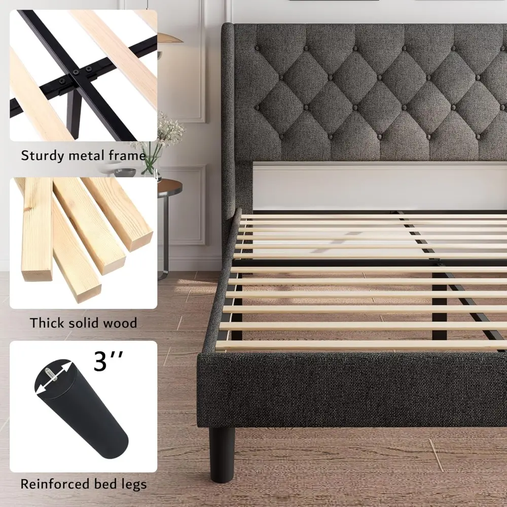 iPormis King Size Platform Bed Frame with Button Tufted Headboard, Upholstered Bed Frame with Solid Wooden Slats, 8" Underbed Sp