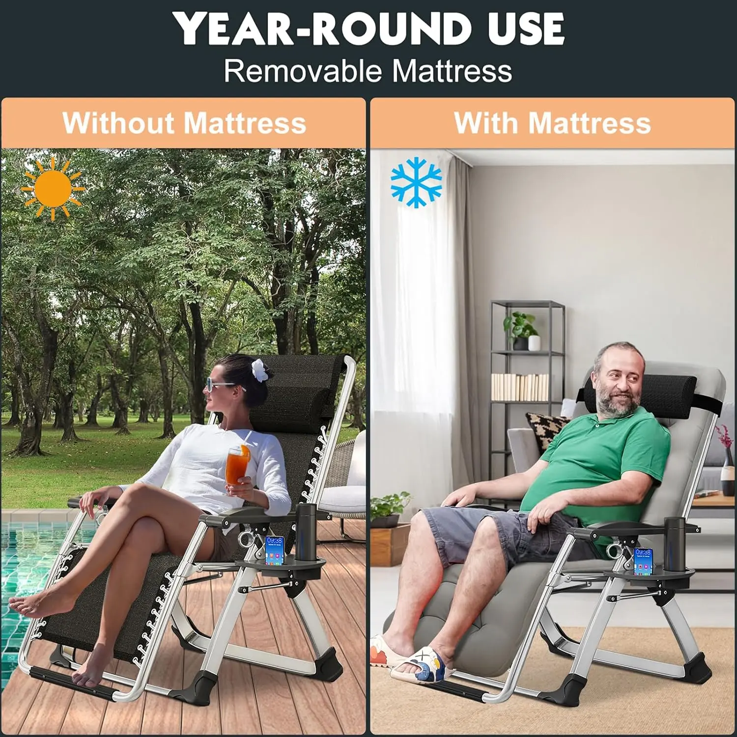 ero Gravity Chair, Outdoor Padded Lounge Chair with Side Table, Zero Gravity Recliner Chair, Outdoor Reclining Chair,
