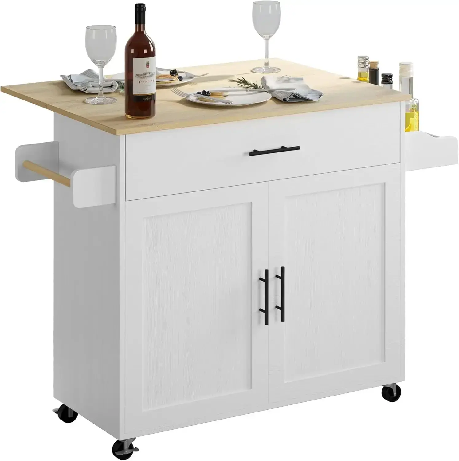 Rolling Kitchen Island Table on Wheels, Storage Cabinet, Drawer, Spice Rack, Towel Rack, Kitchen Cart, White with Drop Leaf