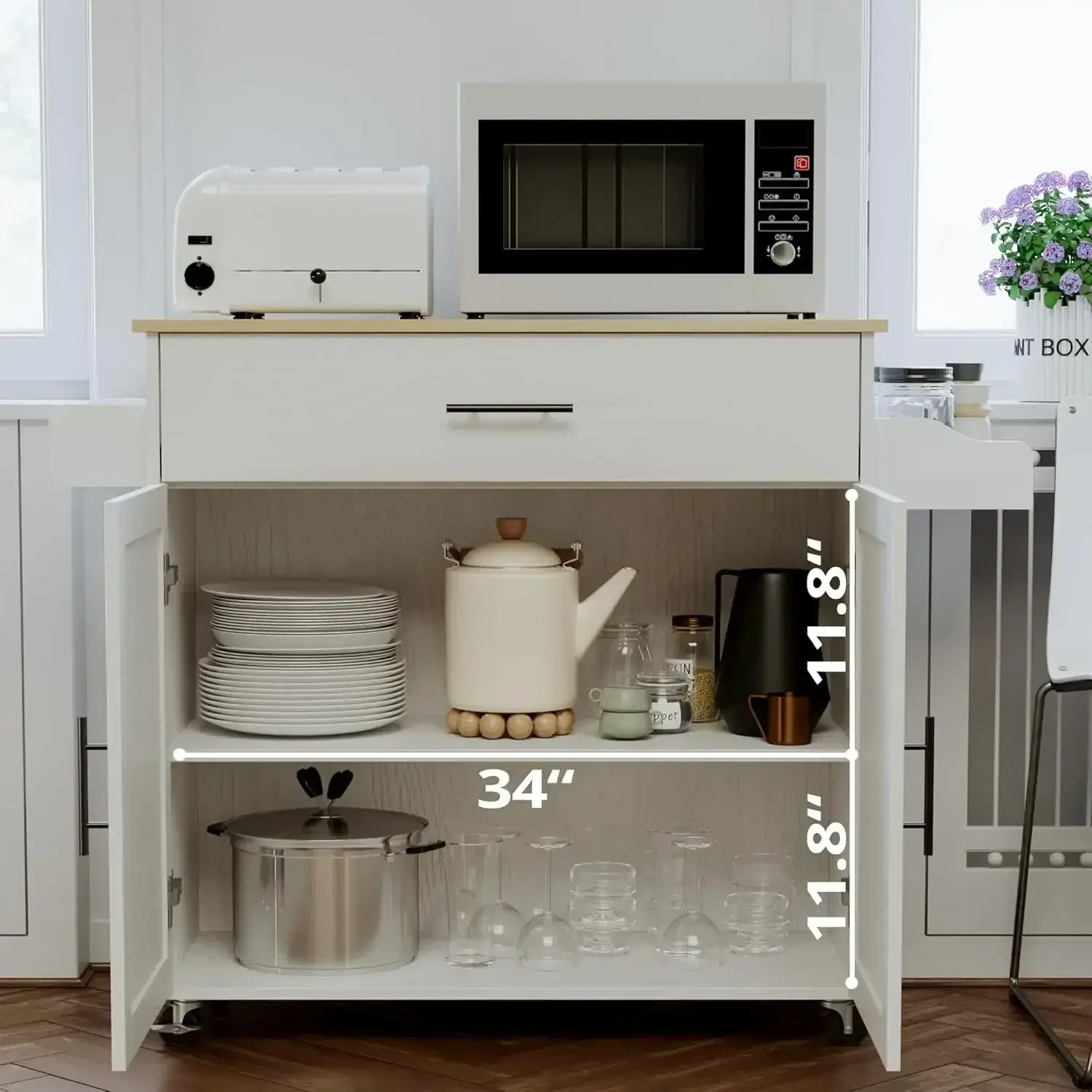 Rolling Kitchen Island Table on Wheels, Storage Cabinet, Drawer, Spice Rack, Towel Rack, Kitchen Cart, White with Drop Leaf