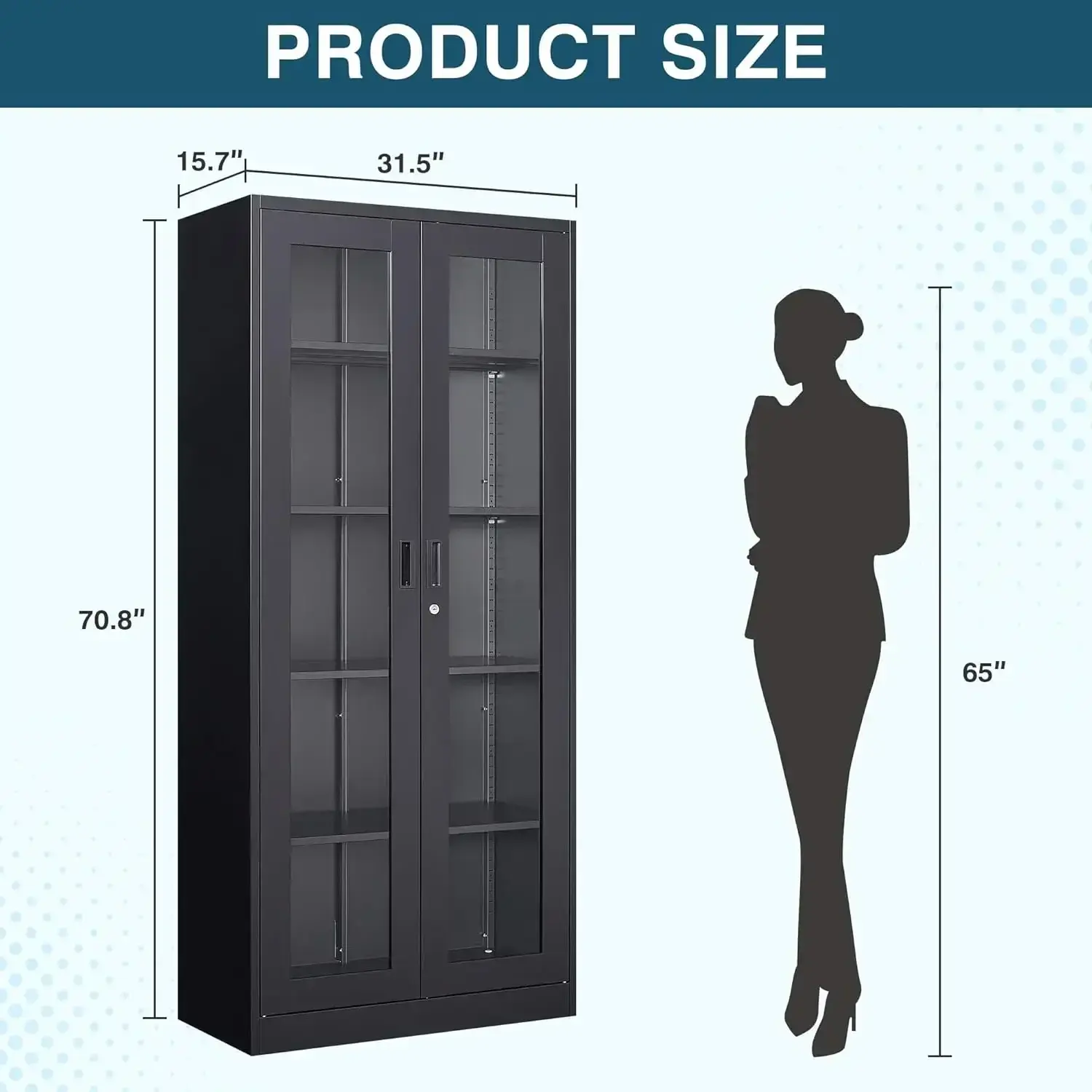 Display Cabinet with Glass Doors, 71" Bookcase Display Cabinets for Curio Collectibles, Metal Storage Cabinet Locking Door