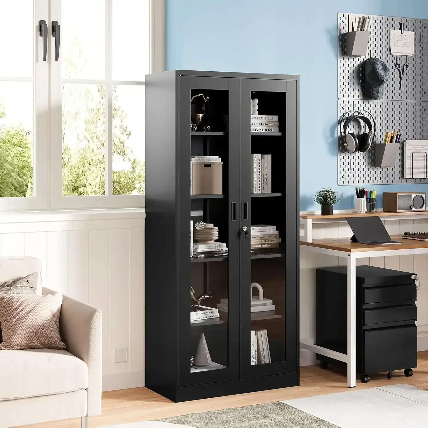 Display Cabinet with Glass Doors, 71" Bookcase Display Cabinets for Curio Collectibles, Metal Storage Cabinet Locking Door