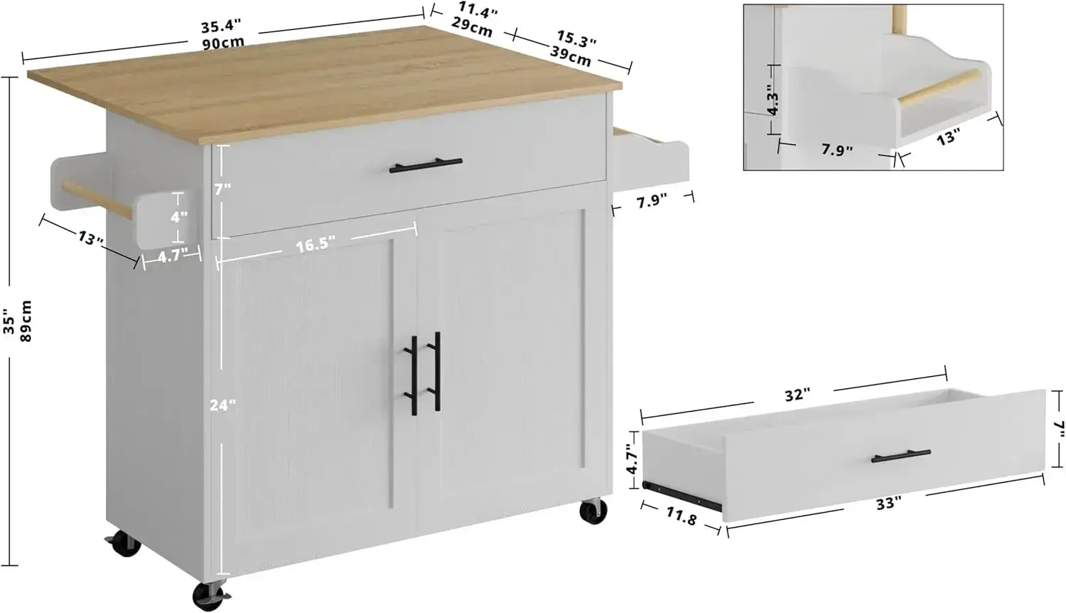 Rolling Kitchen Island Table on Wheels, Storage Cabinet, Drawer, Spice Rack, Towel Rack, Kitchen Cart, White with Drop Leaf