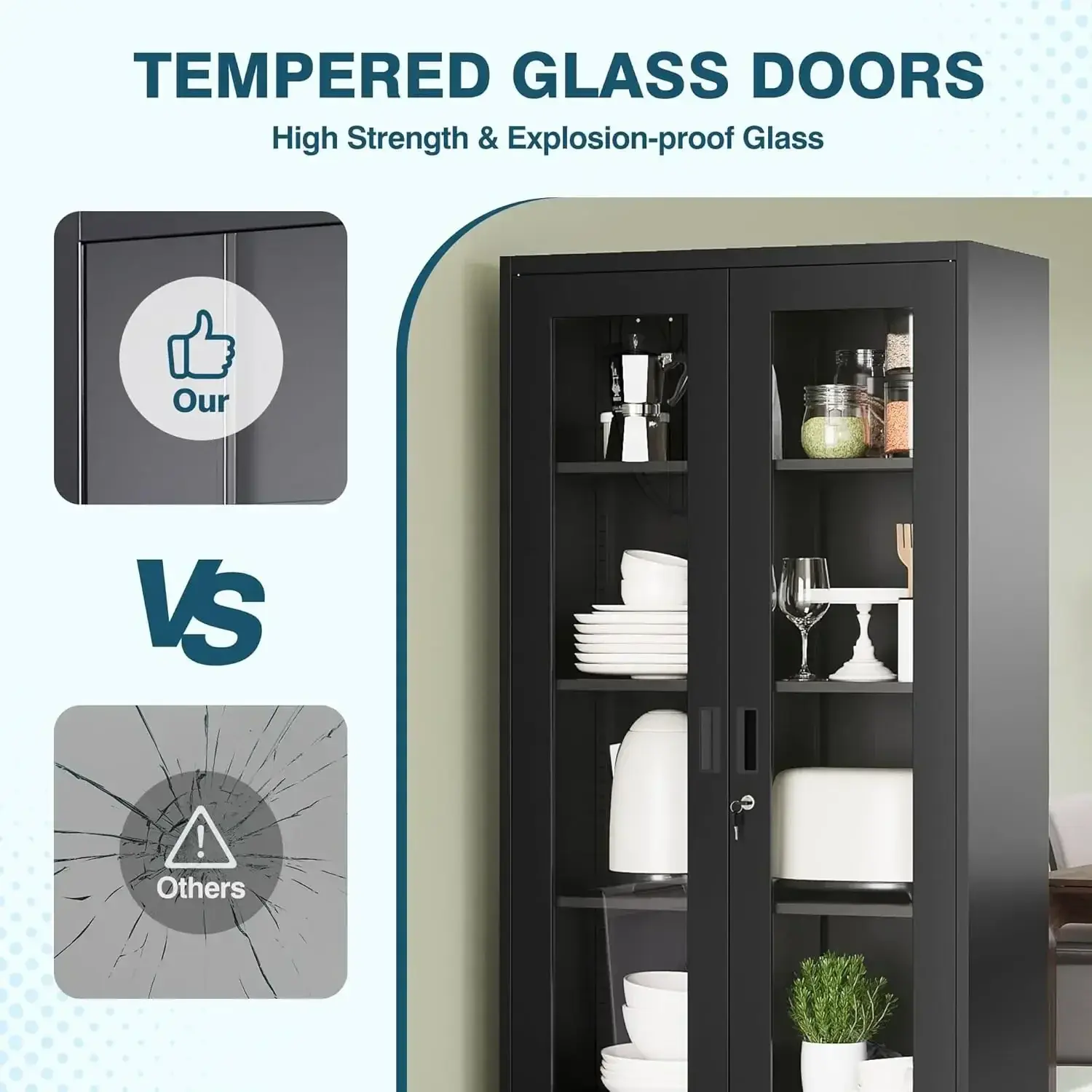 Display Cabinet with Glass Doors, 71" Bookcase Display Cabinets for Curio Collectibles, Metal Storage Cabinet Locking Door