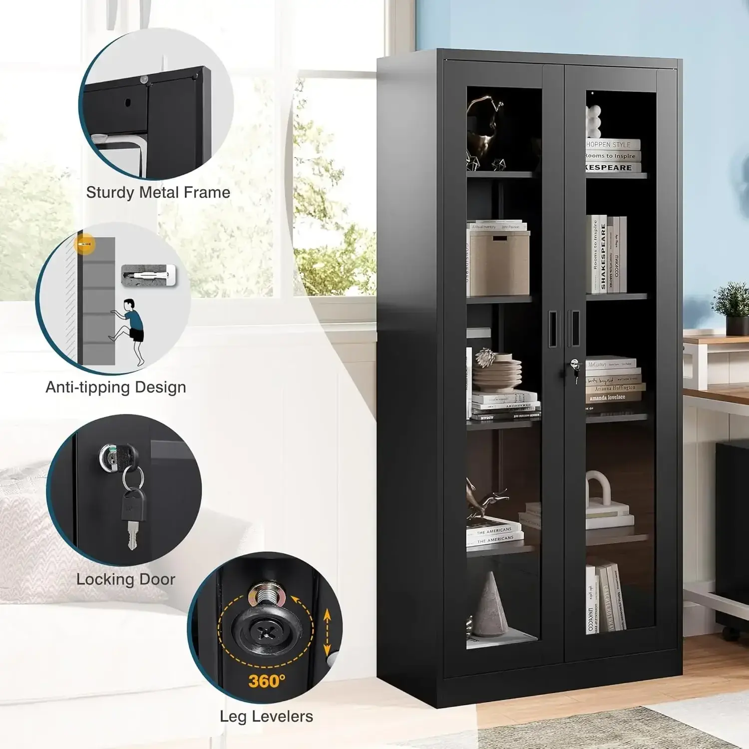 Display Cabinet with Glass Doors, 71" Bookcase Display Cabinets for Curio Collectibles, Metal Storage Cabinet Locking Door