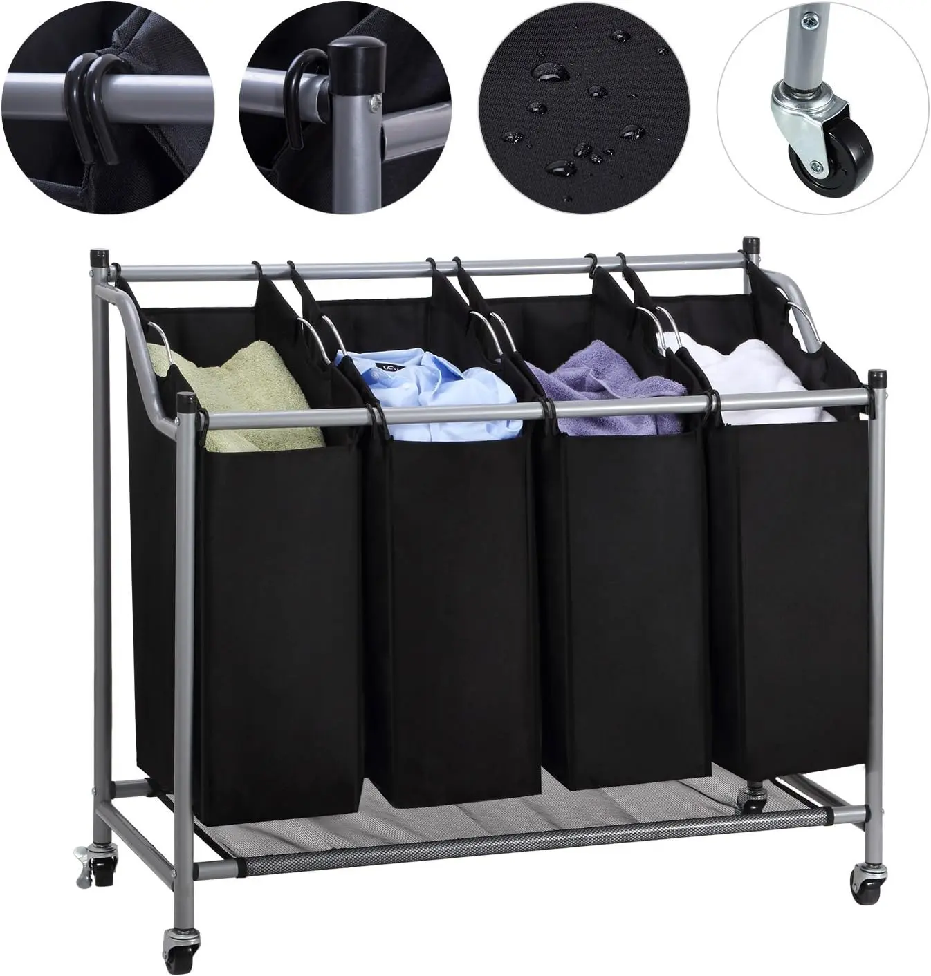 Laundry Sorter Cart 4-Bag Classics Rolling Laundry Hamper, Sturdy Frame with 60KG Weight Capacity, Black