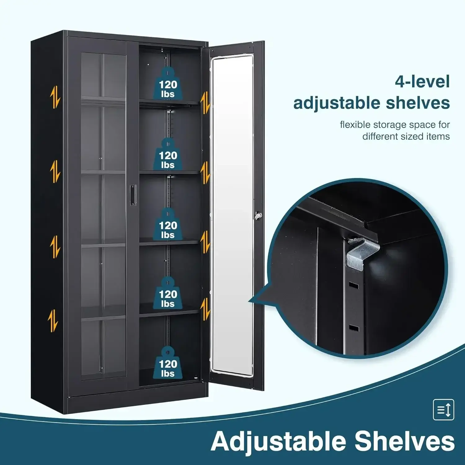 Display Cabinet with Glass Doors, 71" Bookcase Display Cabinets for Curio Collectibles, Metal Storage Cabinet Locking Door