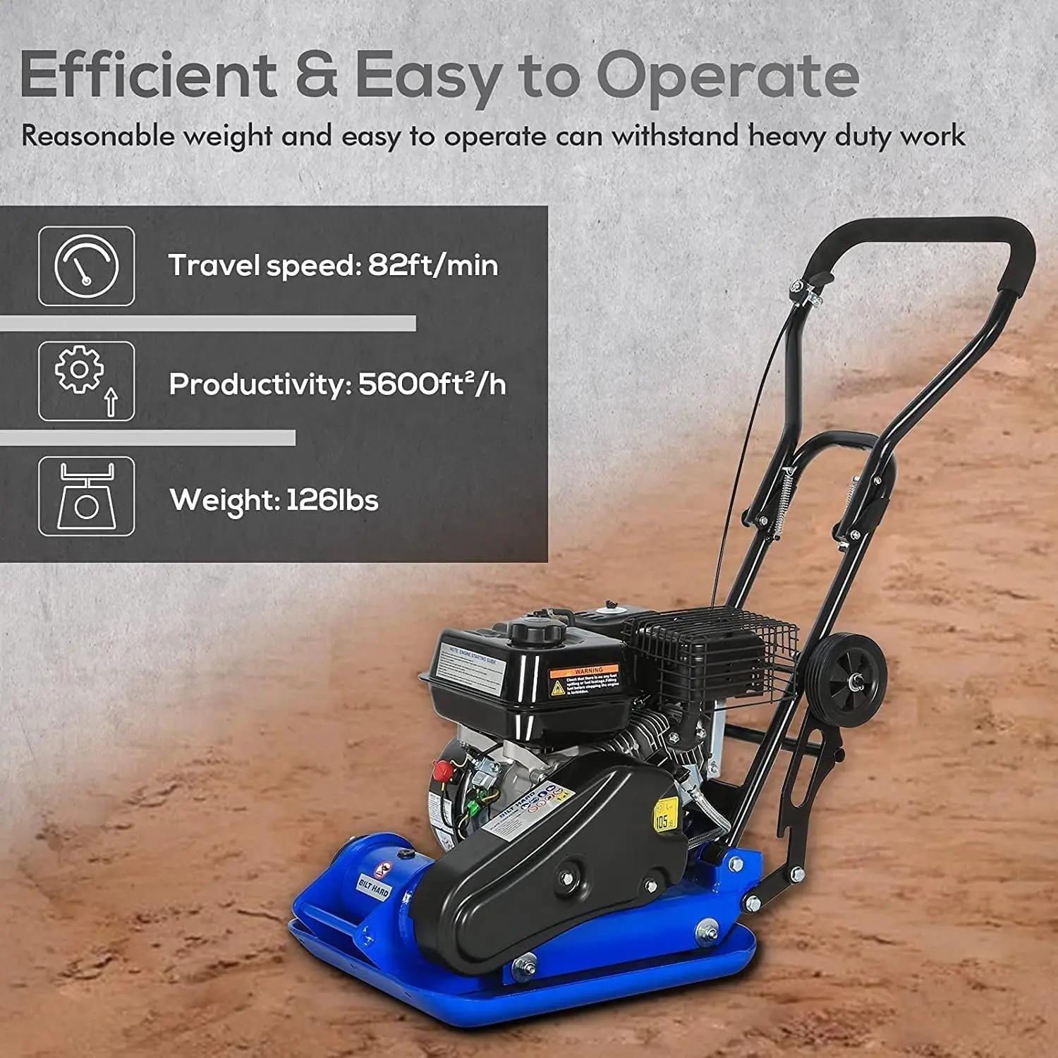 HARD Plate Compactor Rammer, 6.5HP 196cc Gas Engine 5500 VPM 2500 lbs Compaction Force, 21 x 14.5 inch Plate