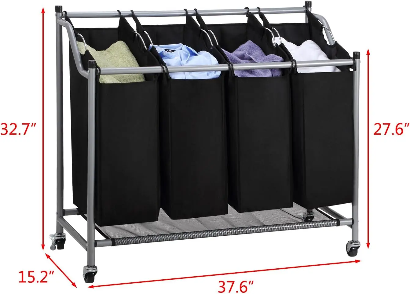 Laundry Sorter Cart 4-Bag Classics Rolling Laundry Hamper, Sturdy Frame with 60KG Weight Capacity, Black