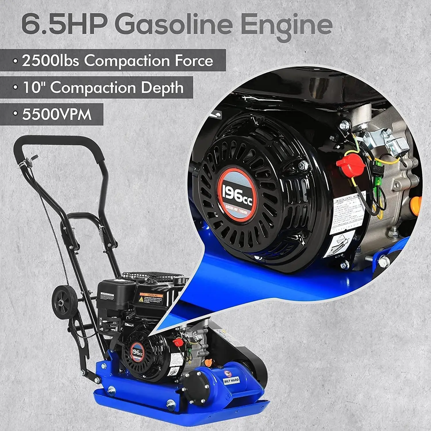 HARD Plate Compactor Rammer, 6.5HP 196cc Gas Engine 5500 VPM 2500 lbs Compaction Force, 21 x 14.5 inch Plate