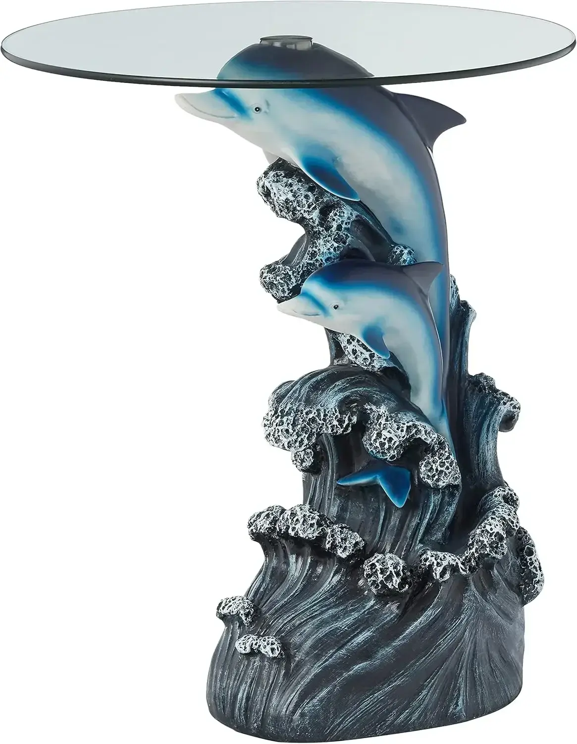 24" H Animal Glass Top Color Sculpture End Table-Dolphin, Blues and Greys