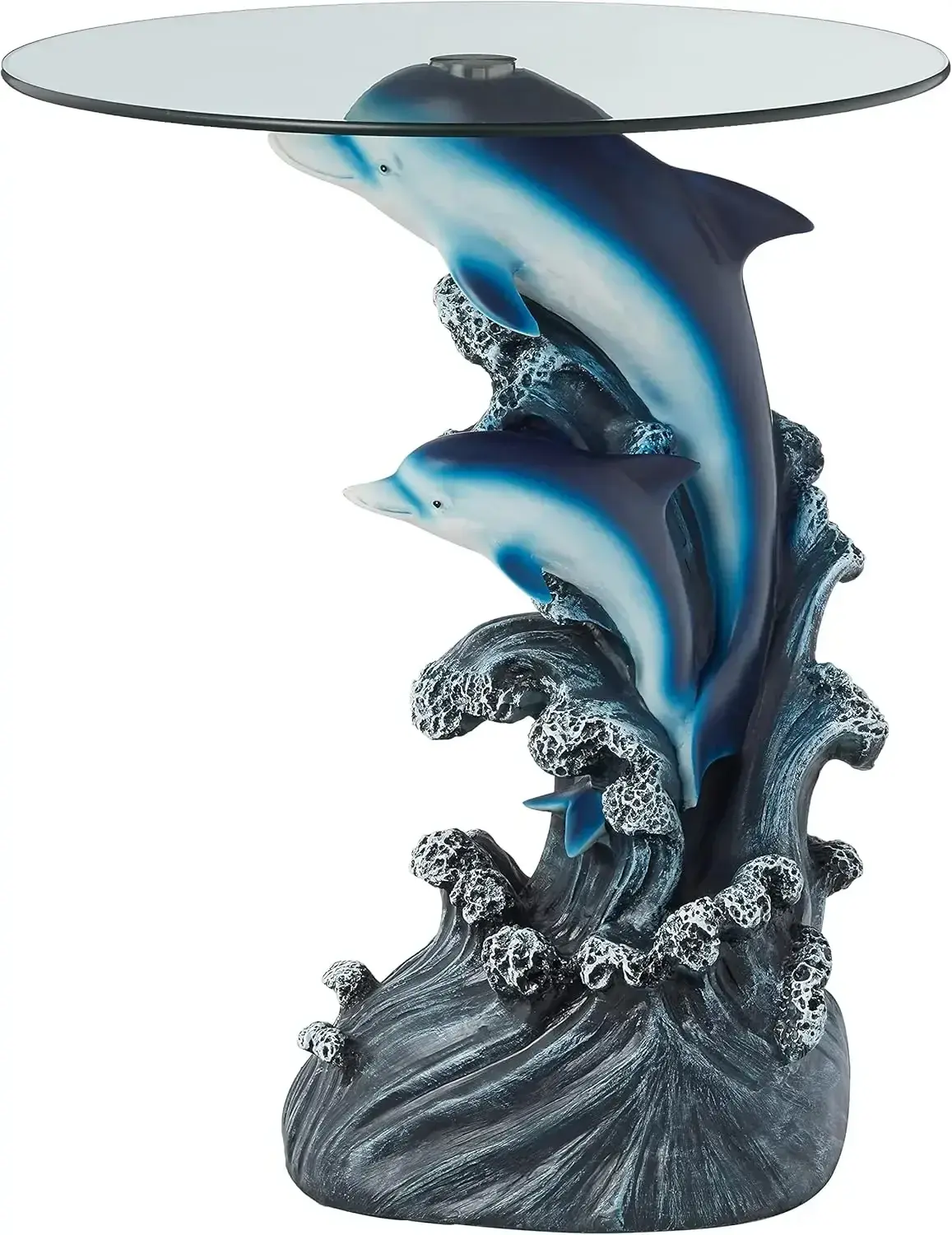 24" H Animal Glass Top Color Sculpture End Table-Dolphin, Blues and Greys
