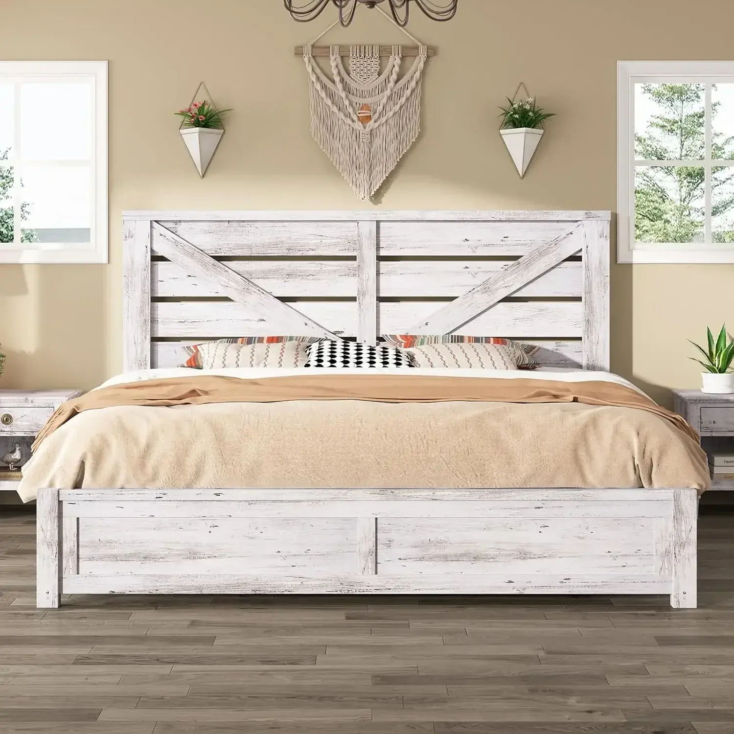 King Size Farmhouse Bed Frame, Platform, Under Bed Storage Space,Noisy Free, Distressed White with 49.2" Barn Door Headboard