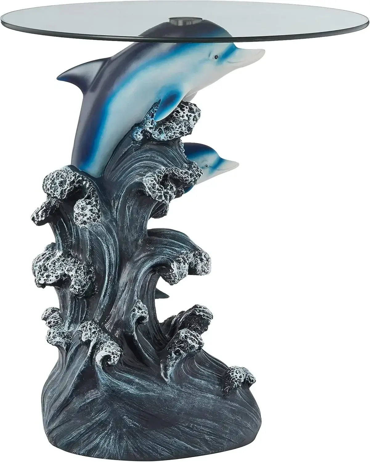 24" H Animal Glass Top Color Sculpture End Table-Dolphin, Blues and Greys