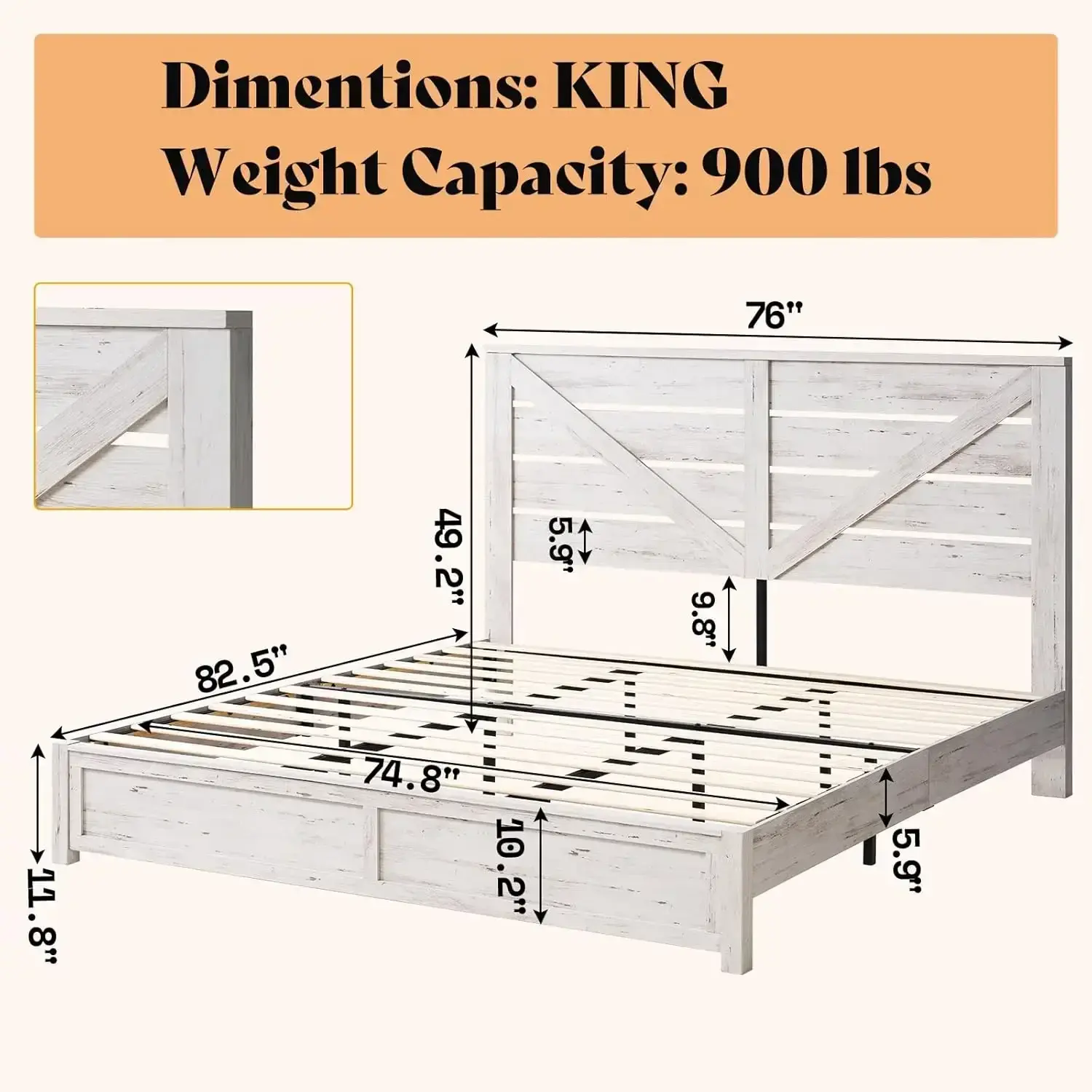 King Size Farmhouse Bed Frame, Platform, Under Bed Storage Space,Noisy Free, Distressed White with 49.2" Barn Door Headboard