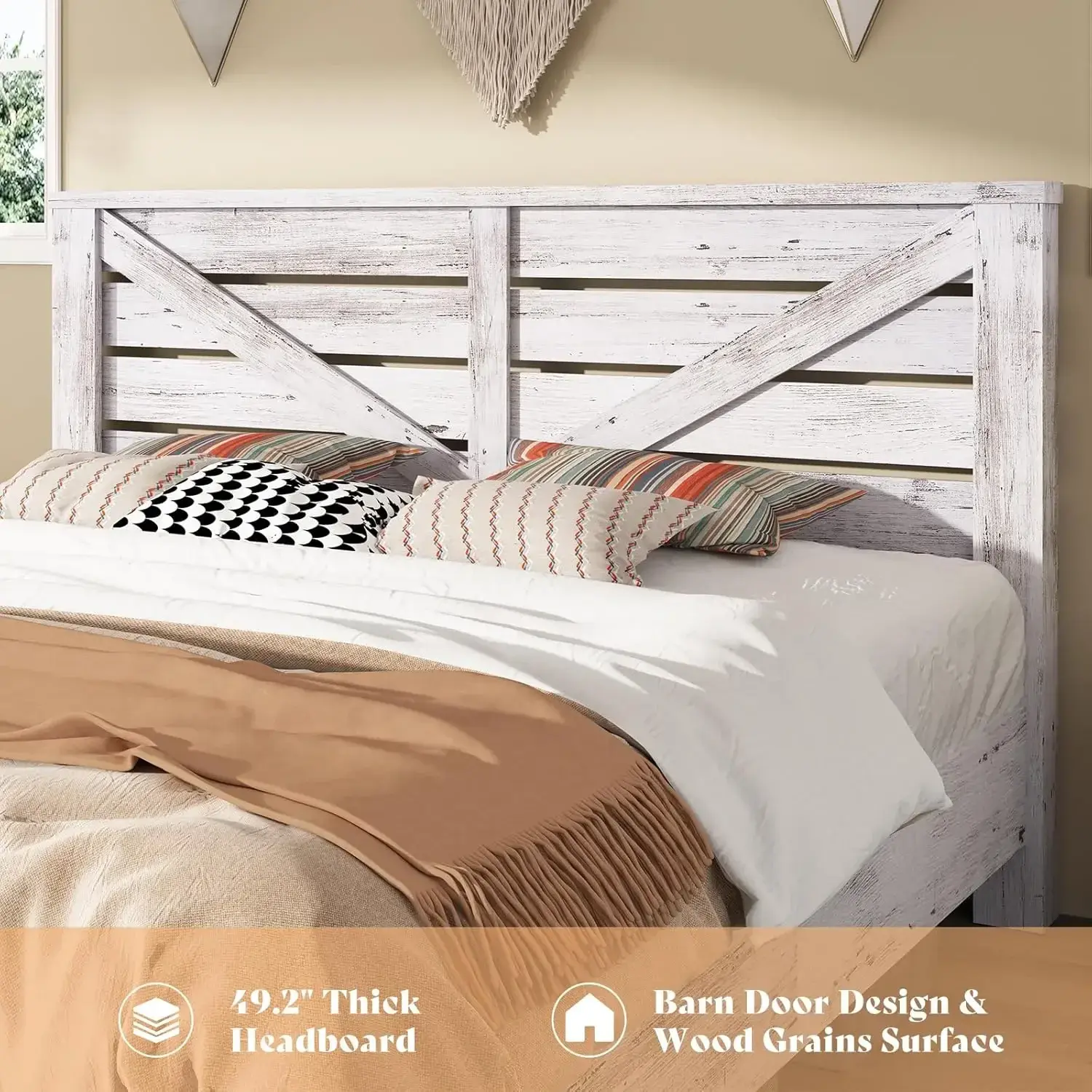 King Size Farmhouse Bed Frame, Platform, Under Bed Storage Space,Noisy Free, Distressed White with 49.2" Barn Door Headboard