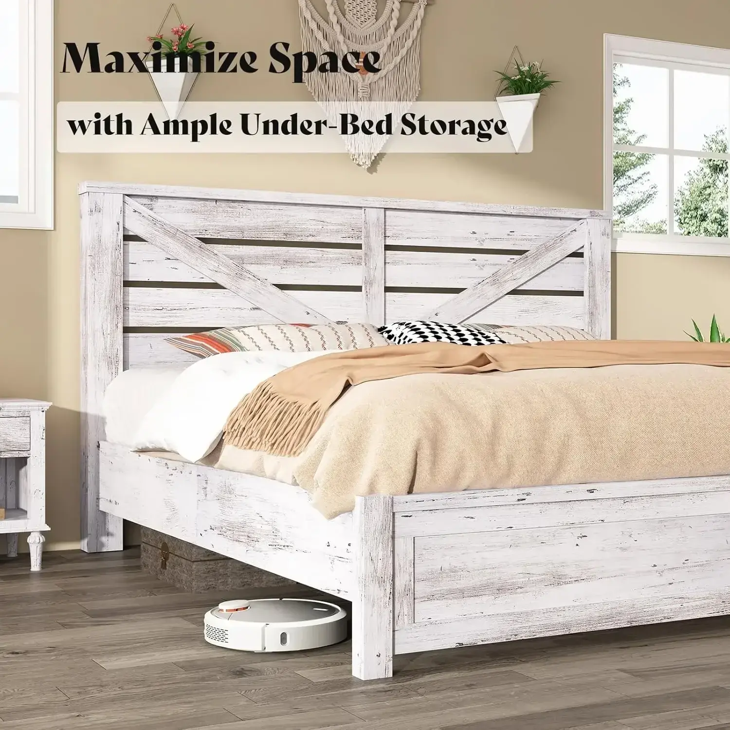 King Size Farmhouse Bed Frame, Platform, Under Bed Storage Space,Noisy Free, Distressed White with 49.2" Barn Door Headboard