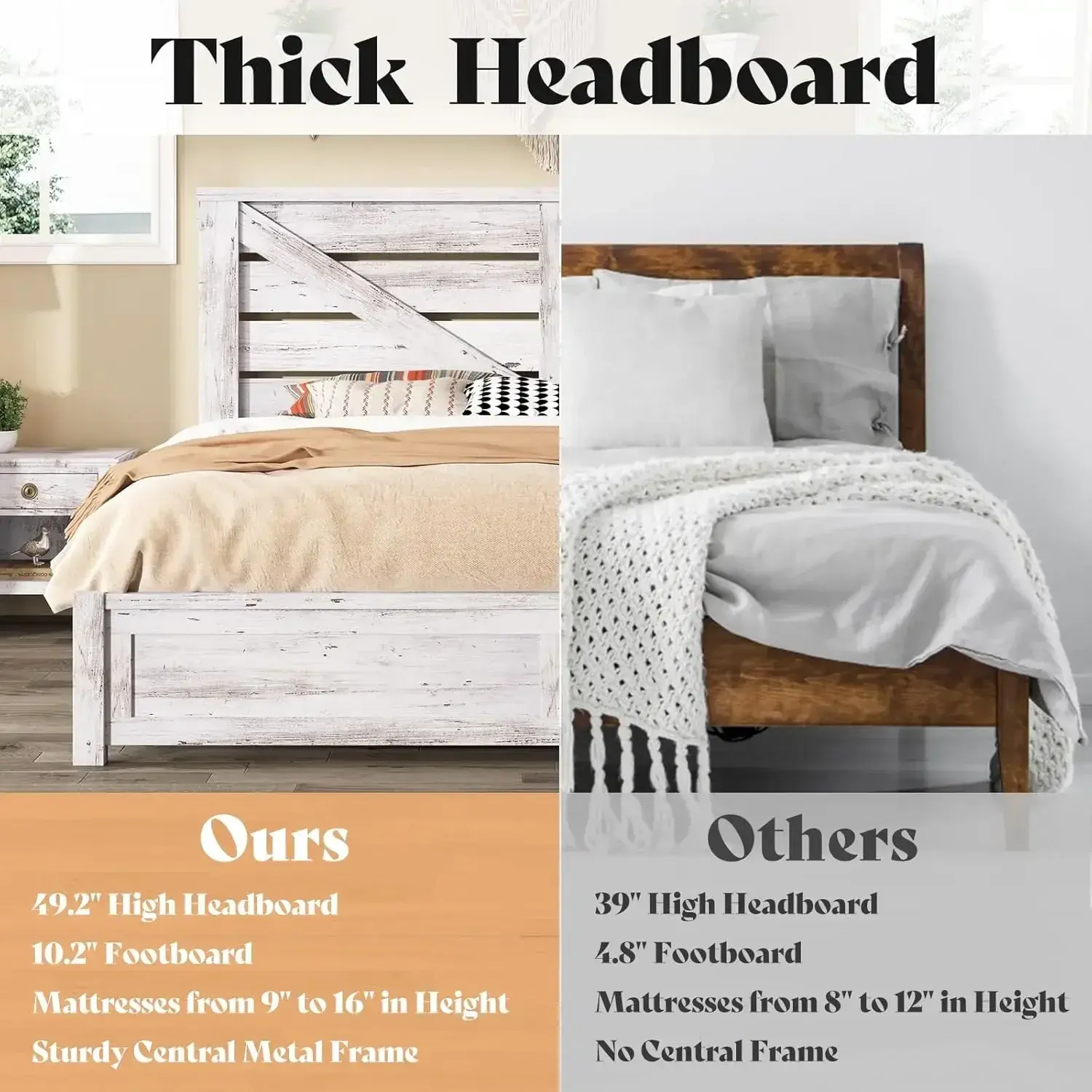 King Size Farmhouse Bed Frame, Platform, Under Bed Storage Space,Noisy Free, Distressed White with 49.2" Barn Door Headboard
