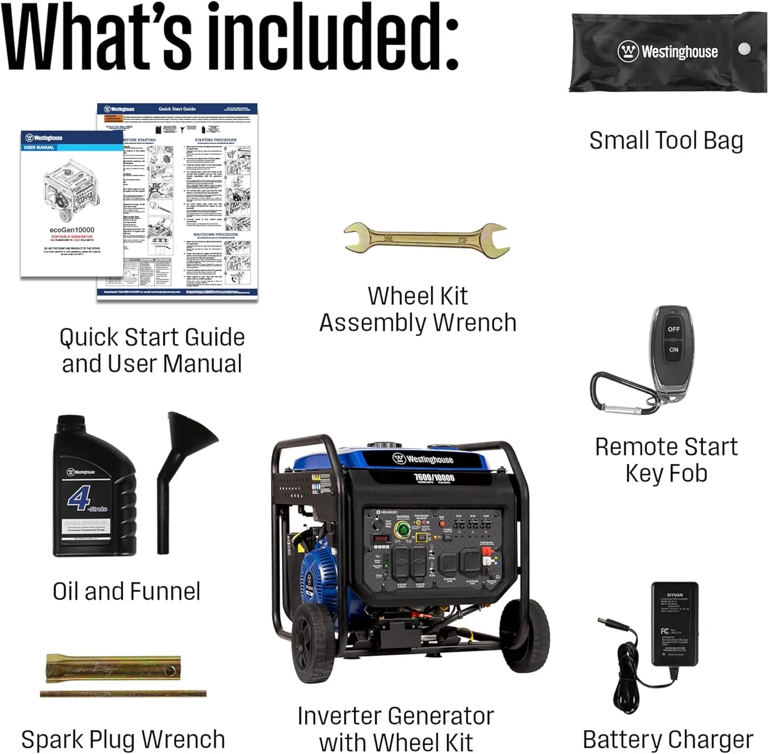 10000 Peak Watt Portable Open Frame Inverter Generator, Remote Electric Start with Auto Choke, Transfer Switch Ready, CO Sensor