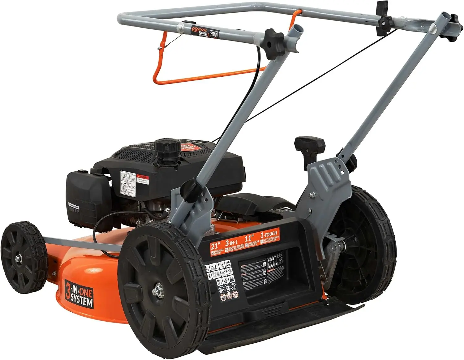 21 in. 170cc 3-in-1 Gas Walk Behind Push Lawn Mower with High Rear Wheels, Seven Cutting Heights from 1.25″ to 3.75″