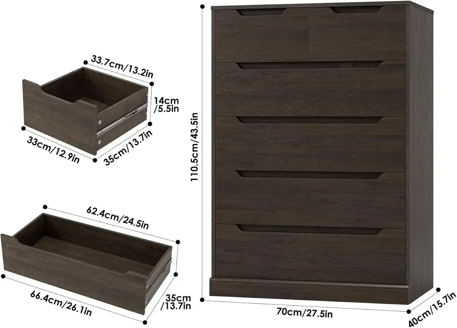 Modern 6 Drawer Dresser for Bedroom, Tall Chest of Drawers with Storage, Large Wood Storage Chest Organizer with Cut-Out Handle