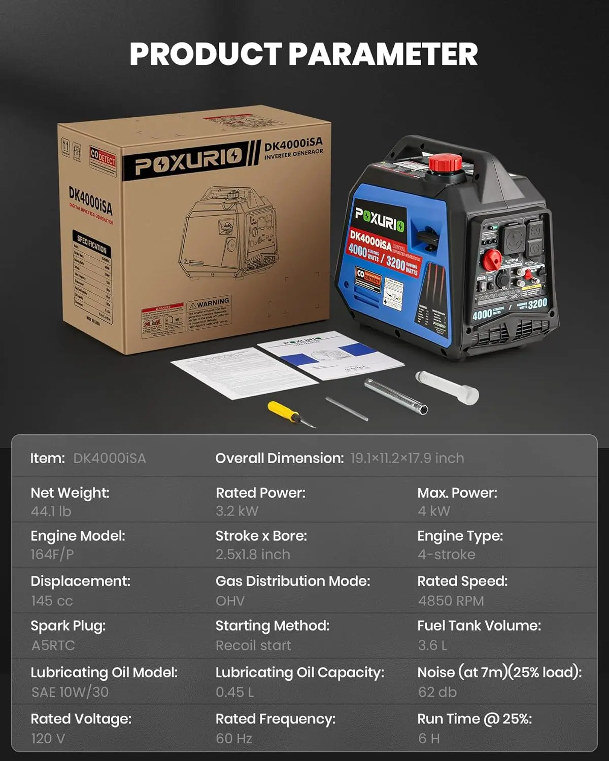 4000 Watt Inverter Generator, Camping and Home, CO Alarm/RV Ready/EPA for RV, 120V Gas Powered Generator Super Quiet