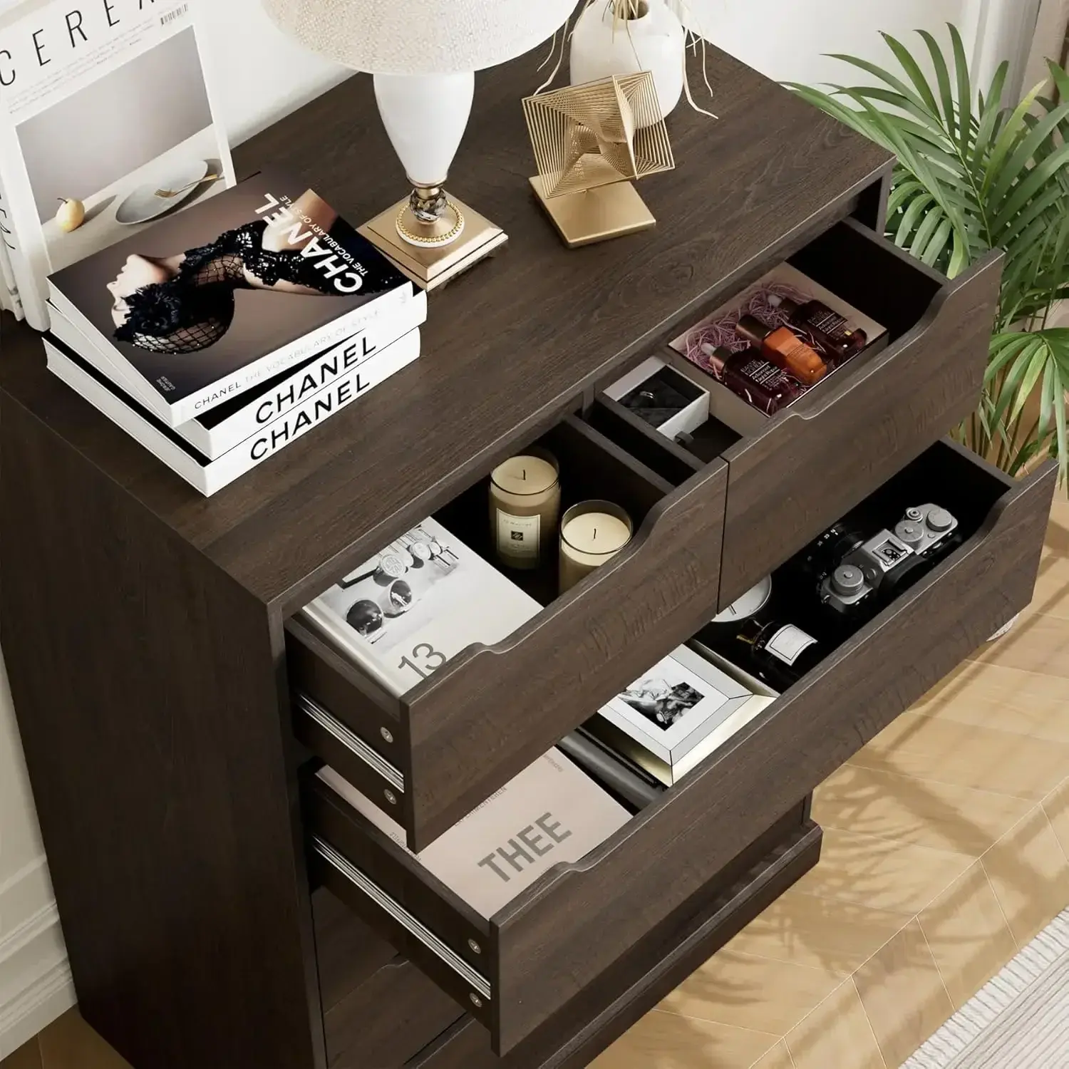 Modern 6 Drawer Dresser for Bedroom, Tall Chest of Drawers with Storage, Large Wood Storage Chest Organizer with Cut-Out Handle