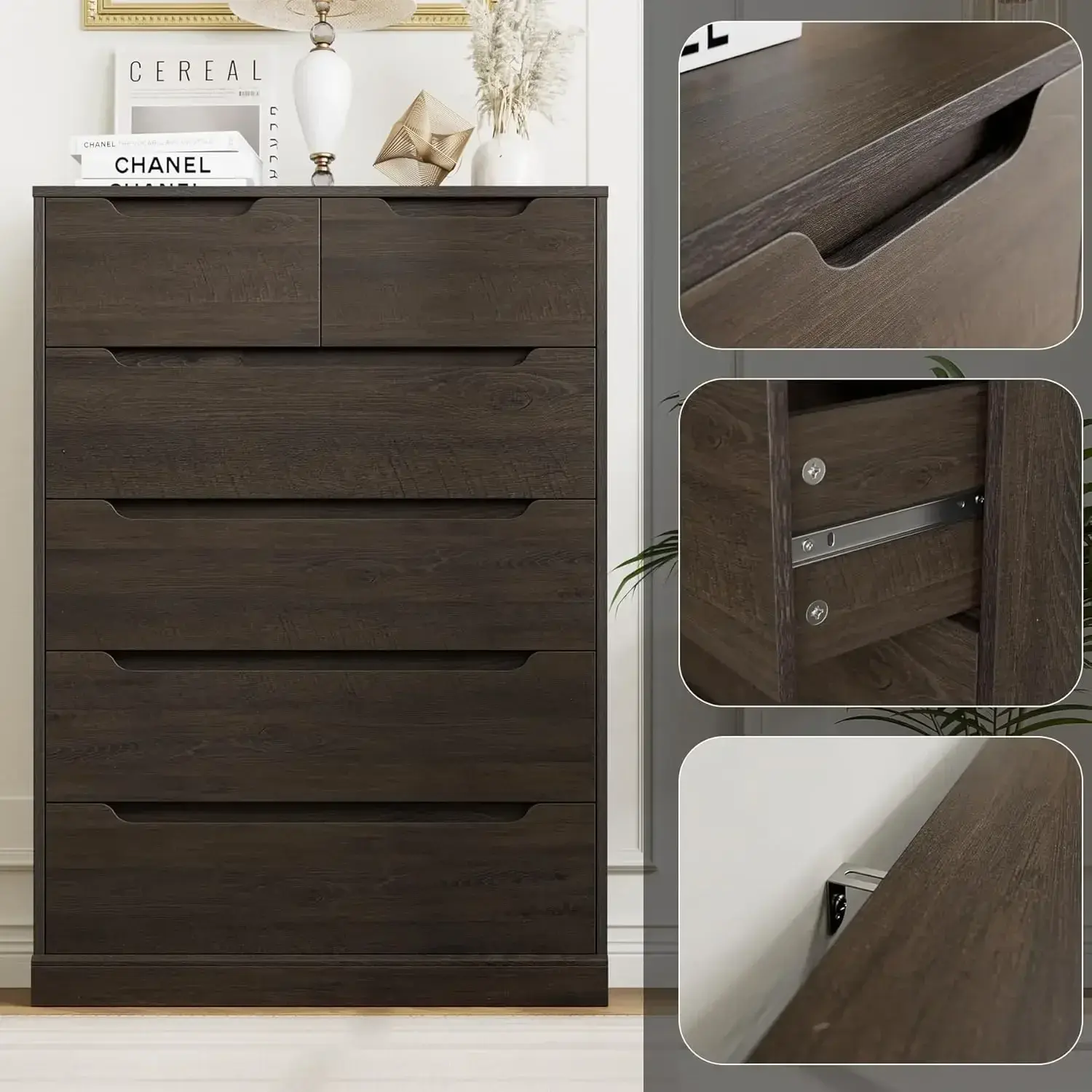 Modern 6 Drawer Dresser for Bedroom, Tall Chest of Drawers with Storage, Large Wood Storage Chest Organizer with Cut-Out Handle