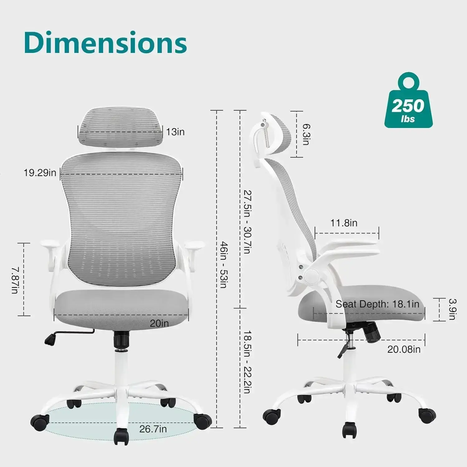 SMUG Office Computer Desk Chair, Ergonomic High-Back Mesh Rolling Work Task Chairs with Wheels and Adjustable Headrests