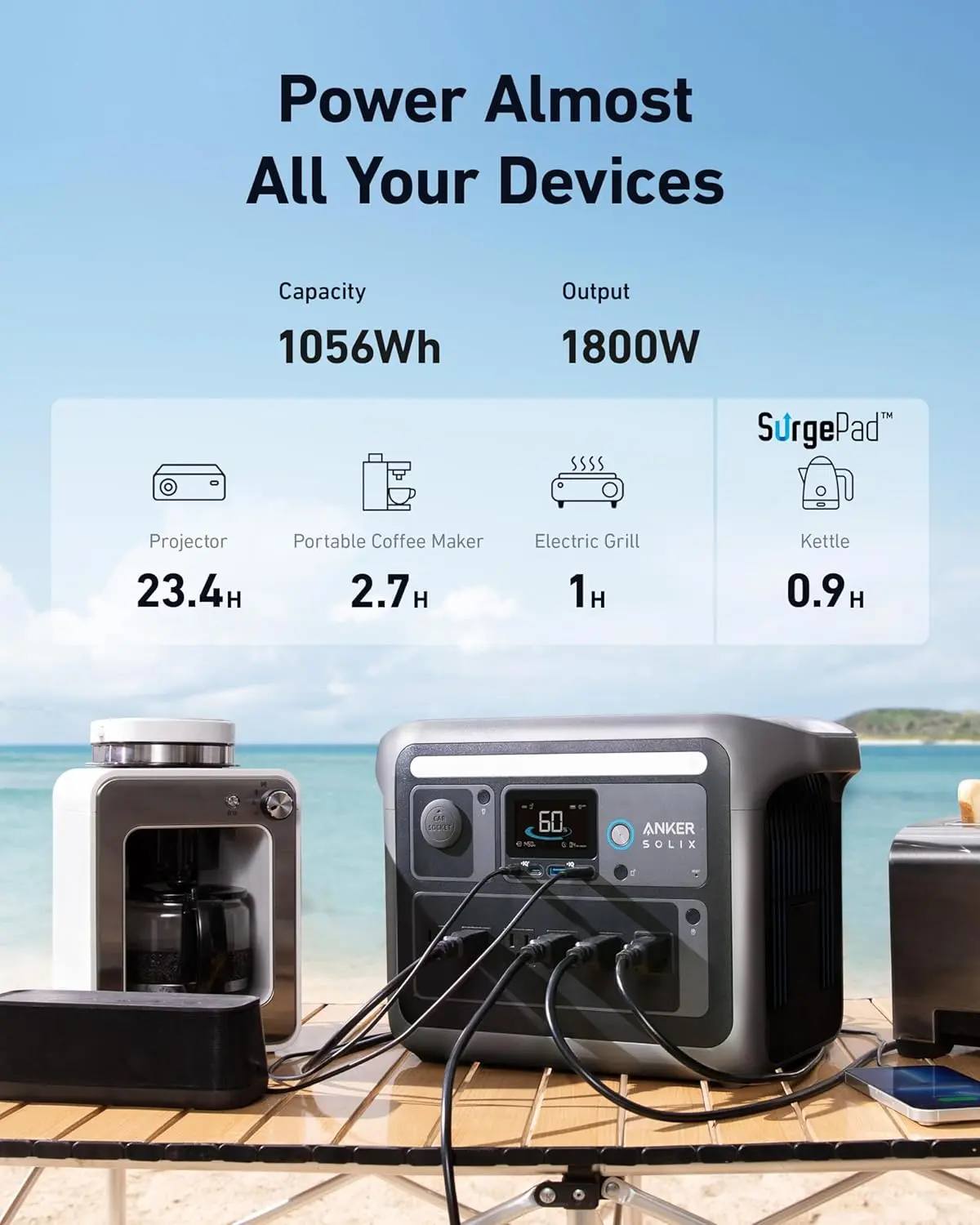 1800W (Peak 2400W) Solar Generator, Full Charge in 58 Min, 1056wh LiFePO4 Battery for Home Backup (Optional Solar Panel)